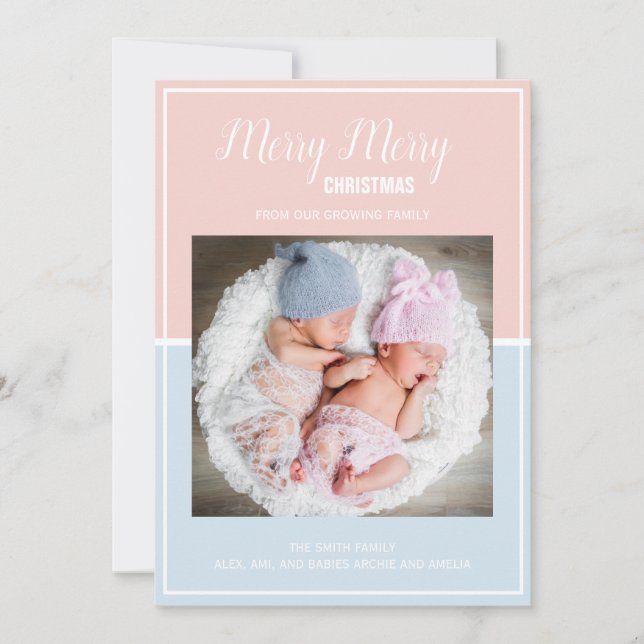 Merry Christmas Pink Baby Blue Twin Holiday Card (Front)