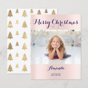 Merry Christmas Pink Blue Navy Photo Holidays Invitation