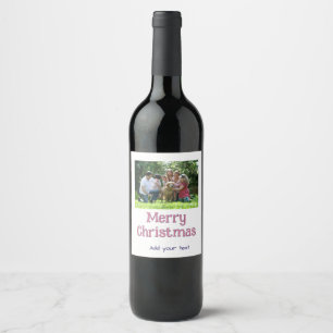 merry christmas pink blue photo family name gifts wine label
