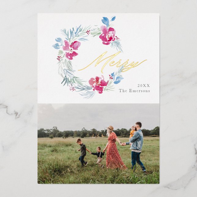 Merry Christmas Pink Blue Watercolor Flower Wreath (Front)