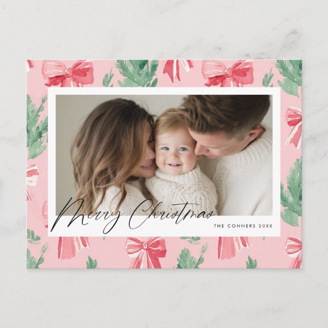 Merry Christmas pink bows and green sprig Holiday Postcard (Front)