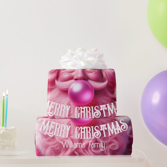 Merry Christmas Pink Bubble Gum | Custom Fam Name Wrapping Paper (Party Gifts)