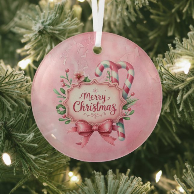 Merry Christmas Pink Candy Canes Holly Glass Tree Decoration (Insitu)