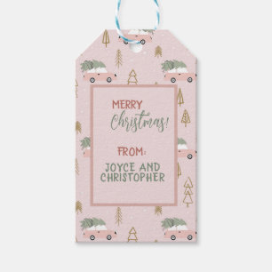 Merry Christmas Pink Cars with Trees on Top Gift Tags