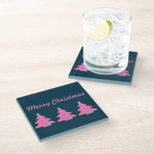 Merry Christmas Pink Contemporary Christmas Trees Glass Coaster