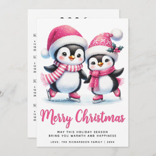 Merry Christmas Pink Cute Ice Skating Penguins Holiday Card