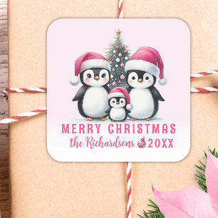 Merry Christmas Pink Cute Penguins Family Square Sticker