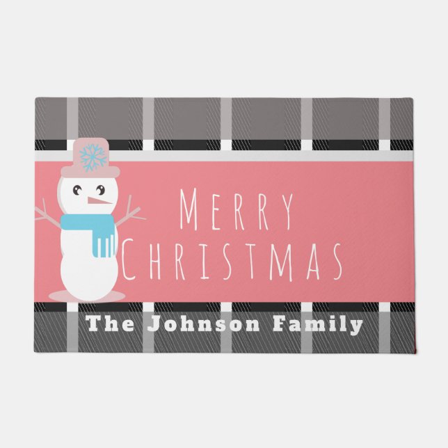 Merry Christmas Pink Cute Snowman Family Name Doormat (Front)