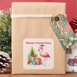 Merry Christmas pink flamingo Holiday Square Sticker