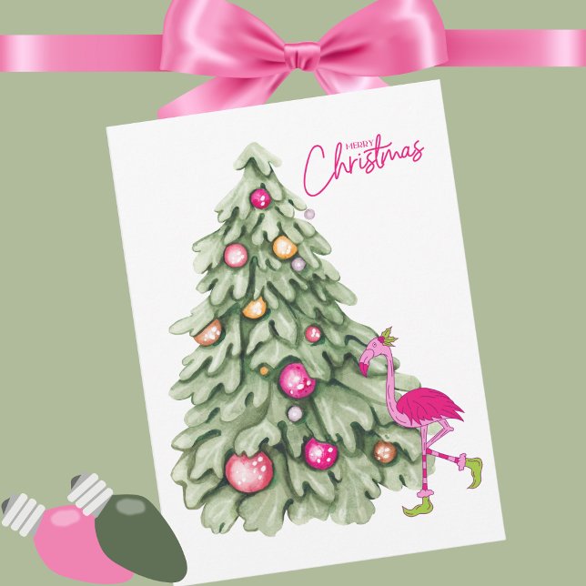 Merry Christmas Pink Flamingo Pastel Tree Holiday Card (Creator Uploaded)