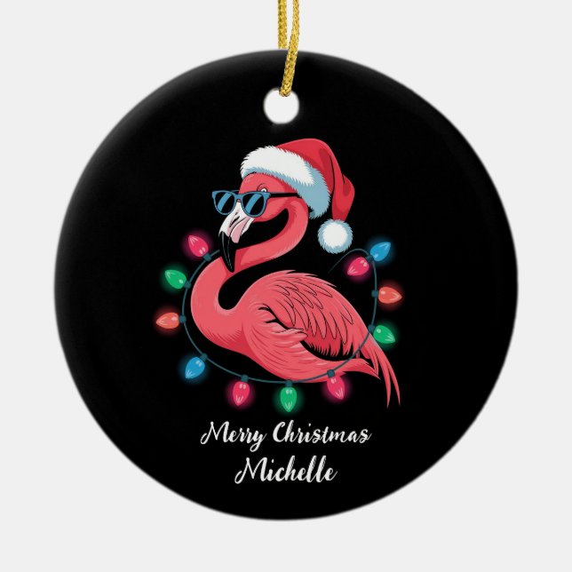 Merry Christmas Pink Flamingo Personalized Ceramic Tree Decoration (Front)