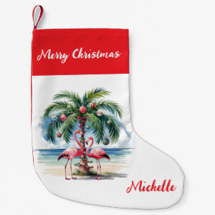 Merry Christmas Pink Flamingo Personalized Small Christmas Stocking