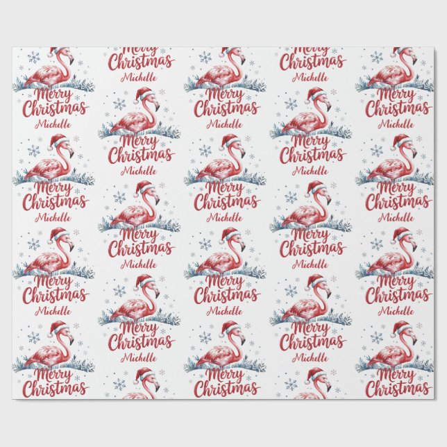 Merry Christmas Pink Flamingo Personalized Wrapping Paper (Flat)