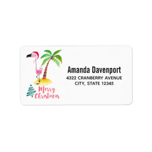 Merry Christmas Pink Flamingo With Palm Tree Label