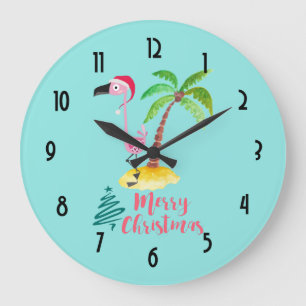 Merry Christmas Pink Flamingo With Palm Tree Large Clock