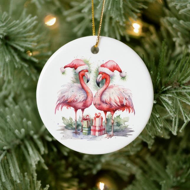 Merry Christmas Pink Flamingos Ceramic Tree Decoration (Tree)