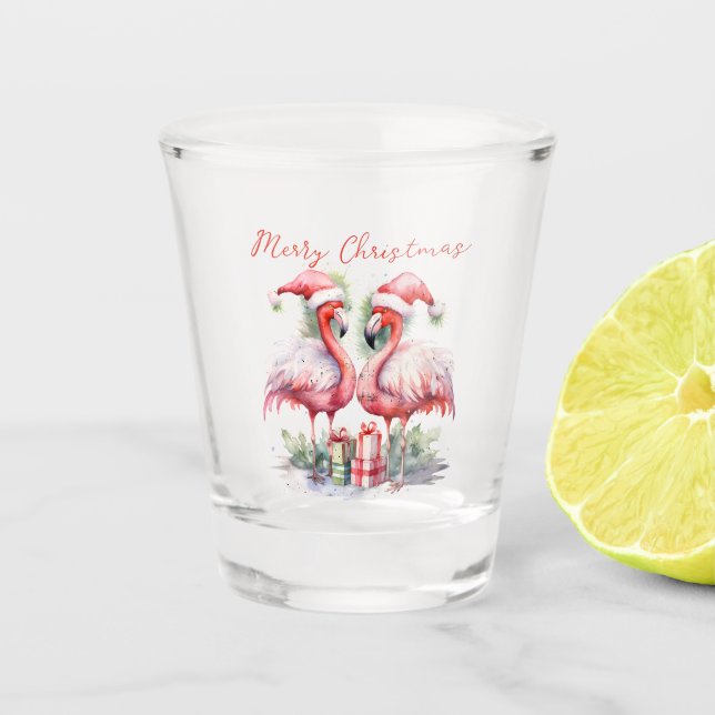 Merry Christmas Pink Flamingos Shot Glass (Front)