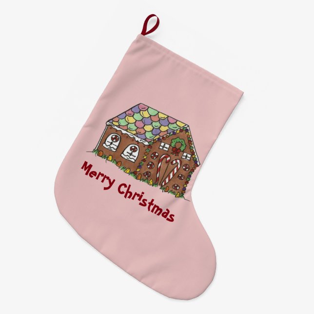 Merry Christmas Pink Gingerbread House Holiday Large Christmas Stocking (Front (Hanging))