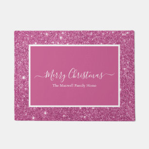 Merry Christmas pink glitter family name Door Doormat