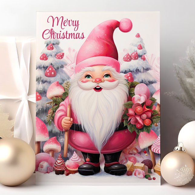 Merry Christmas Pink Gnome Whimsical  Holiday Card (Creator Uploaded)