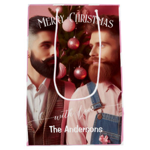 Merry Christmas Pink Photo Custom Fam Name Medium Gift Bag