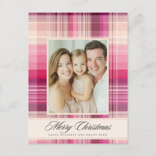 Merry Christmas pink plaid holiday design Postcard