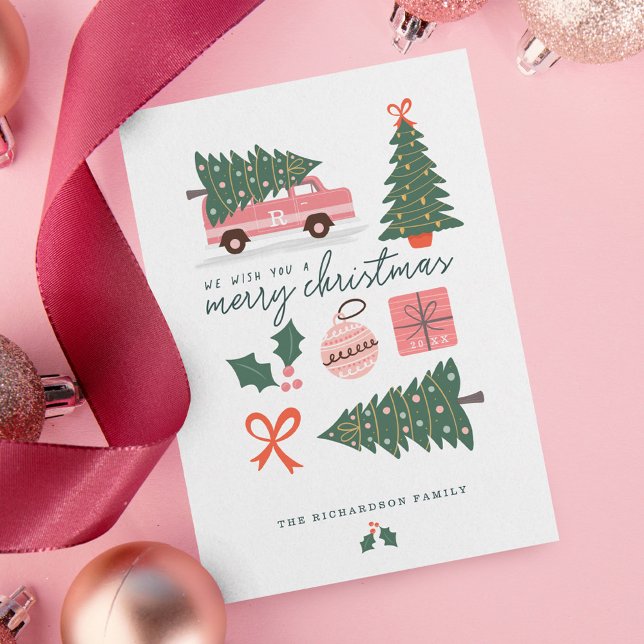 Merry Christmas Pink Retro Van Christmas Tree Holiday Card (Merry Christmas Pink Retro Van Christmas Tree Holiday Card)