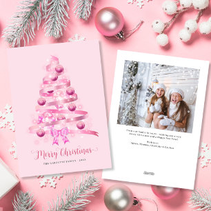 Merry Christmas Pink Ribbon Tree Photo Holiday Card