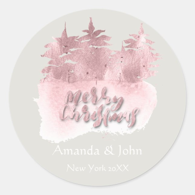 Merry Christmas Pink Rose Name Holidays Grey 3D Classic Round Sticker (Front)