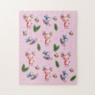 Merry Christmas Pink Santa Reindeer Sled Puzzle