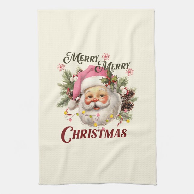 Merry Christmas - Pink Santa Tea Towel (Vertical)