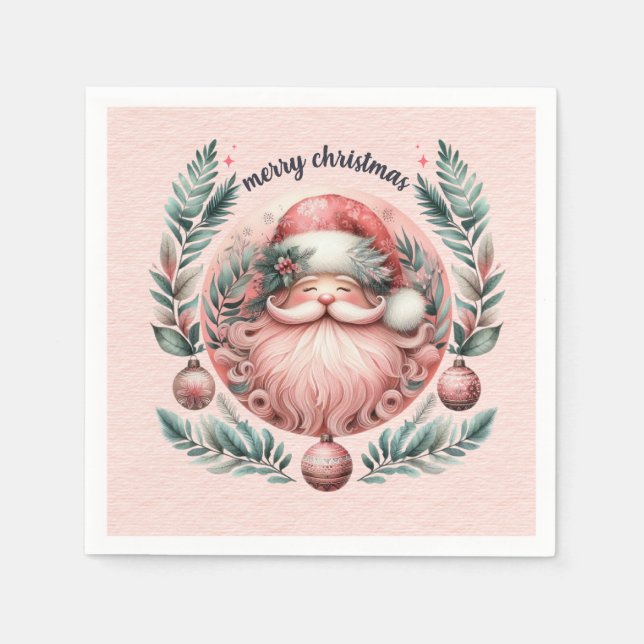 Merry Christmas Pink Santa Wreath Napkin (Front)