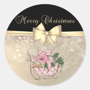 Merry Christmas,Pink Sleigh,Snowflakes,  Bow  Classic Round Sticker