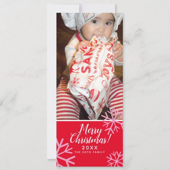 Merry Christmas Pink SnowFlakes Baby Photo Red Holiday Card (Front)
