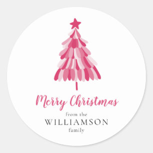 Merry Christmas Pink Tree modern Classic Round Sticker