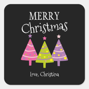 Merry Christmas Pink Trees Custom Square Sticker