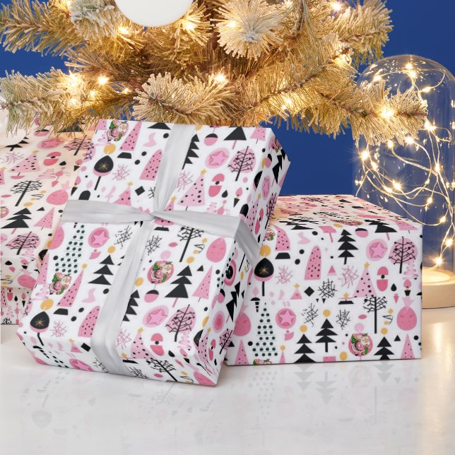 Merry Christmas Pink Trees Santa Wrapping Paper (Holidays)