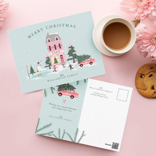 Merry Christmas Pink Vintage Town Scenery & Van Postcard (Merry Christmas Pink Vintage Town Scenery & Van Postcard)