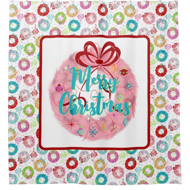 Merry Christmas Pink Wreath Retro Christmas Shower Curtain (Front)