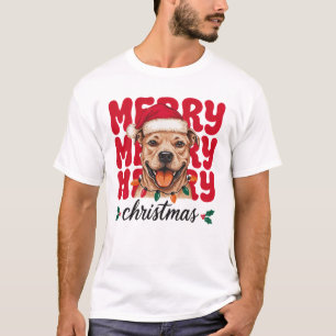 Merry Christmas Pit Bull Dog Smiling Santa Hat T-Shirt