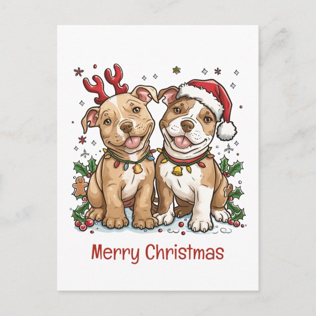 Merry Christmas Pit Bull Dogs Holiday Postcard (Front)