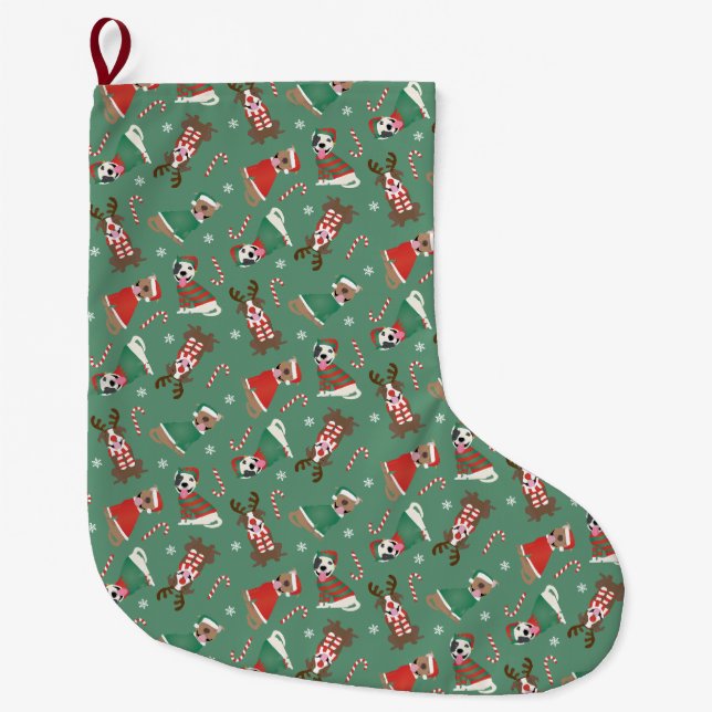 Merry Christmas Pit Bull Dogs Large Christmas Stocking (Front)