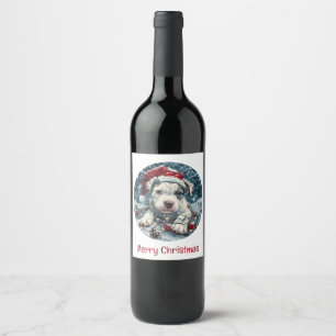 Merry Christmas Pit Bull Santa Puppy Wine Label