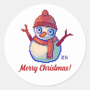Merry Christmas, pixel art, Snowman Classic Round Sticker
