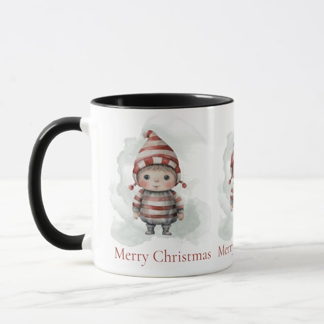 Merry Christmas Pixie red white Watercolor Elf  Mug (Left)