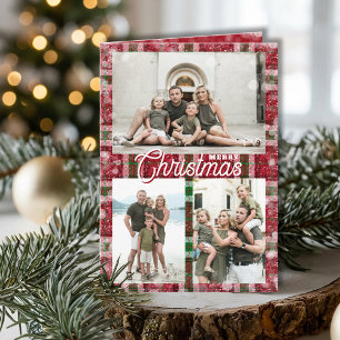 Merry Christmas Plaid 3 Photo Collage Folded Holiday Card