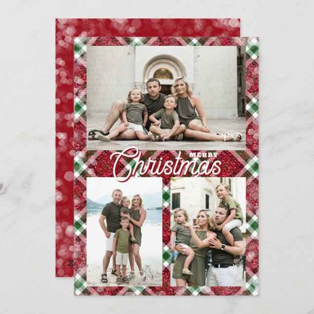 Merry Christmas Plaid 3 Photo Collage Holiday Card (Front/Back)