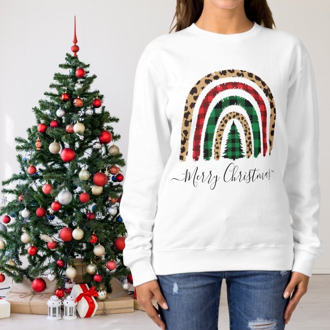 Merry Christmas Plaid and Leopard Print Rainbow Sweatshirt (Creator Uploaded)