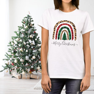 Merry Christmas Plaid and Leopard Print Rainbow T-Shirt