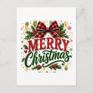 Merry Christmas Plaid Bow Holiday Postcard